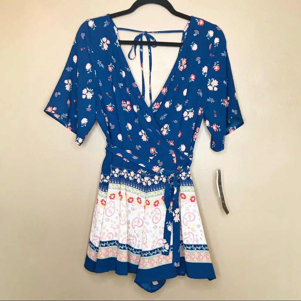 Trixxi Med Blue Kimono Paisley Print Romper New